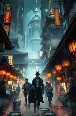 A dynamic steampunk/cyberpunk adventure scene inspired by the 1920s infused with East Asian culture