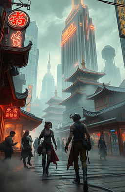 A dynamic steampunk/cyberpunk adventure scene inspired by the 1920s infused with East Asian culture