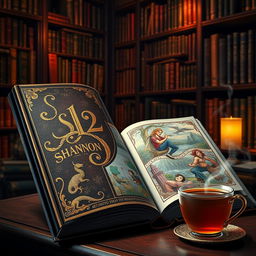 An enchanting binding of the classic fantasy book, '12 Shannon,' featuring an ornate leather cover adorned with intricate gold foil embossing
