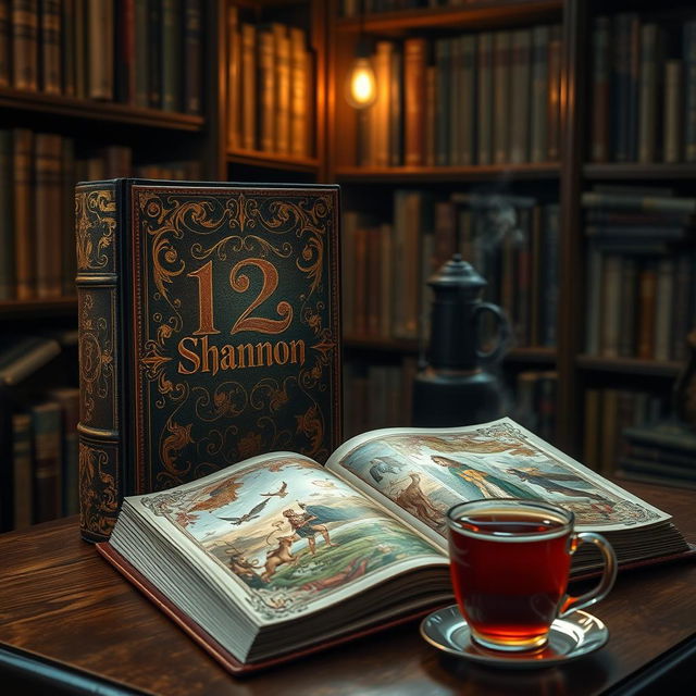 An enchanting binding of the classic fantasy book, '12 Shannon,' featuring an ornate leather cover adorned with intricate gold foil embossing