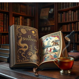 An enchanting binding of the classic fantasy book, '12 Shannon,' featuring an ornate leather cover adorned with intricate gold foil embossing