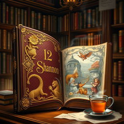 An enchanting binding of the classic fantasy book, '12 Shannon,' featuring an ornate leather cover adorned with intricate gold foil embossing