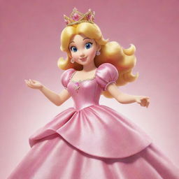 A digital representation of Princess Peach from the Super Mario games, showcasing her in her iconic pink dress, her sparkling crown, with her golden hair flowing in a lively pose