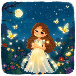 A whimsical illustration depicting the enchanting scene of 'A Coragem de Luna e a Luz das Fadas'