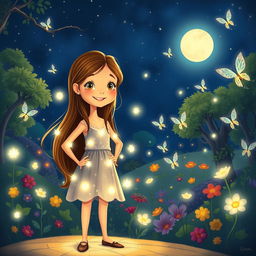 A whimsical illustration depicting the enchanting scene of 'A Coragem de Luna e a Luz das Fadas'