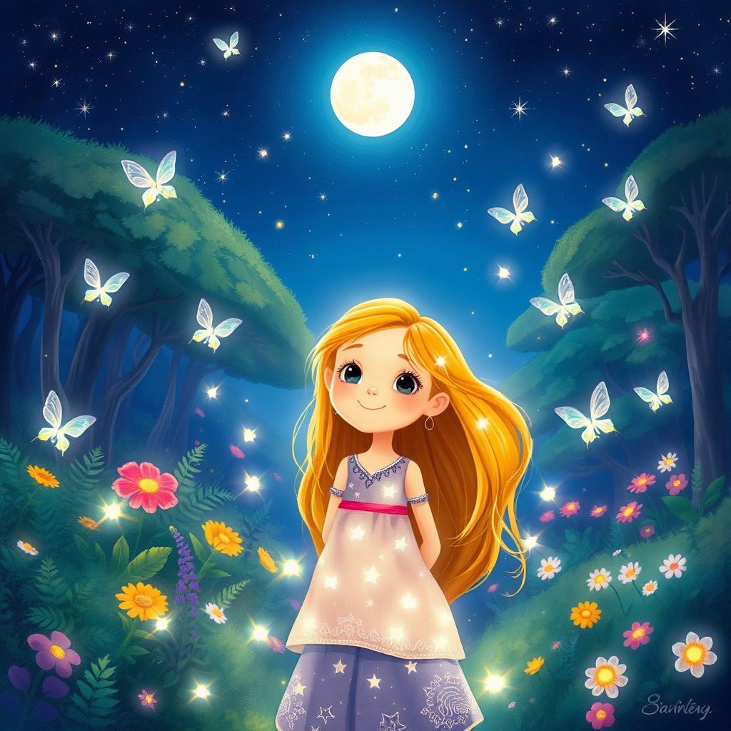 A whimsical illustration depicting the enchanting scene of 'A Coragem de Luna e a Luz das Fadas'