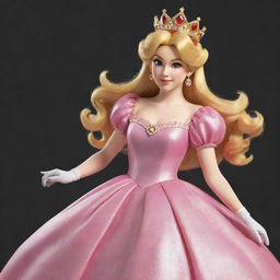 A digital representation of Princess Peach from the Super Mario games, showcasing her in her iconic pink dress, her sparkling crown, with her golden hair flowing in a lively pose