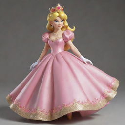 A digital representation of Princess Peach from the Super Mario games, showcasing her in her iconic pink dress, her sparkling crown, with her golden hair flowing in a lively pose