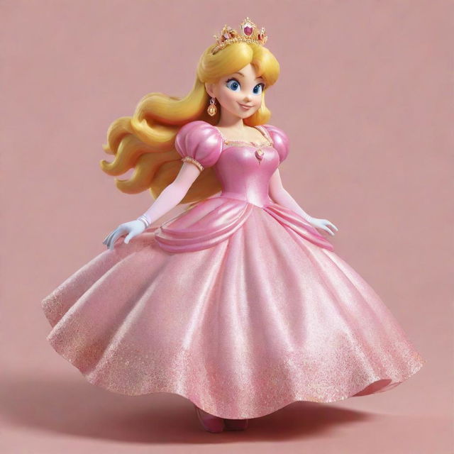 A digital representation of Princess Peach from the Super Mario games, showcasing her in her iconic pink dress, her sparkling crown, with her golden hair flowing in a lively pose