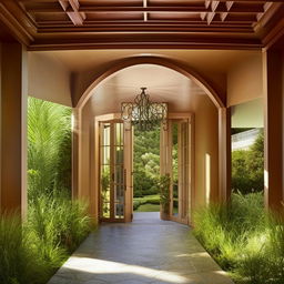 exquisite interior hallway leading out exterior of two-floor mansion