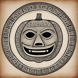 A drawing of a Mayan or Aztec glyph representing a pumpkin.