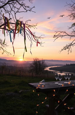 A serene morning scene depicting a peaceful landscape after a night of festivities