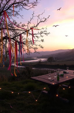 A serene morning scene depicting a peaceful landscape after a night of festivities