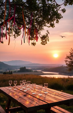 A serene morning scene depicting a peaceful landscape after a night of festivities