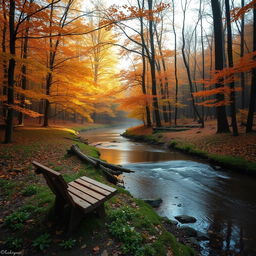 A tranquil forest scene during early autumn, with vibrant orange and yellow leaves