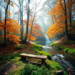 A tranquil forest scene during early autumn, with vibrant orange and yellow leaves