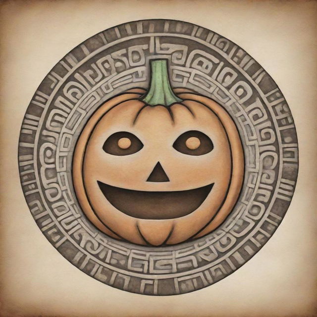 A drawing of a Mayan or Aztec glyph representing a pumpkin.