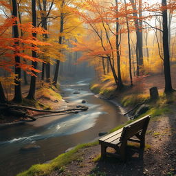 A tranquil forest scene during early autumn, with vibrant orange and yellow leaves