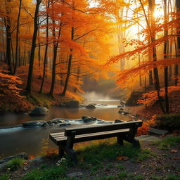 A tranquil forest scene during early autumn, with vibrant orange and yellow leaves