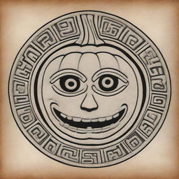 A drawing of a Mayan or Aztec glyph representing a pumpkin.