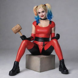 Depict Harley Quinn from DC Universe, sitting relaxed, dressed in her signature red and black outfit, with her hair in pigtails, holding her signature mallet