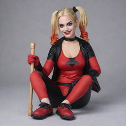 Depict Harley Quinn from DC Universe, sitting relaxed, dressed in her signature red and black outfit, with her hair in pigtails, holding her signature mallet