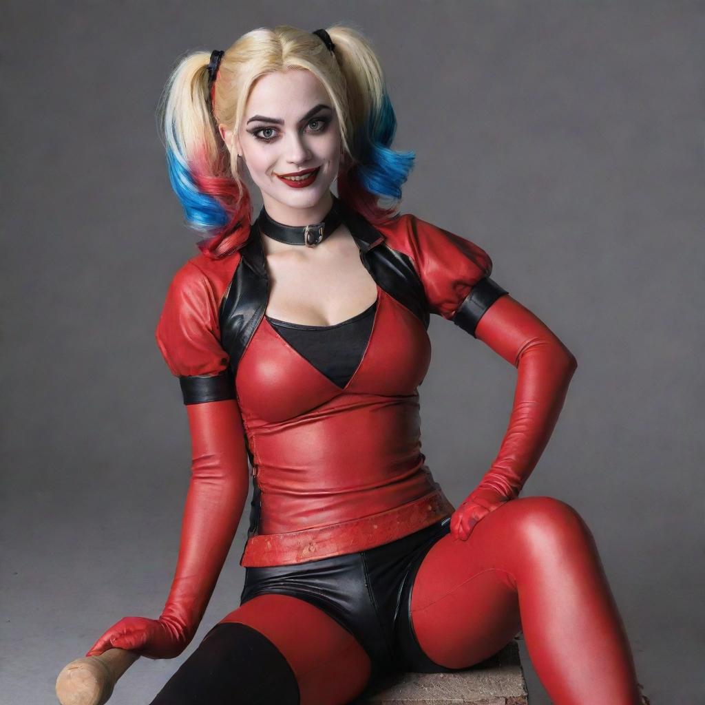 Depict Harley Quinn from DC Universe, sitting relaxed, dressed in her signature red and black outfit, with her hair in pigtails, holding her signature mallet