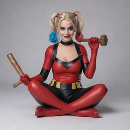 Depict Harley Quinn from DC Universe, sitting relaxed, dressed in her signature red and black outfit, with her hair in pigtails, holding her signature mallet