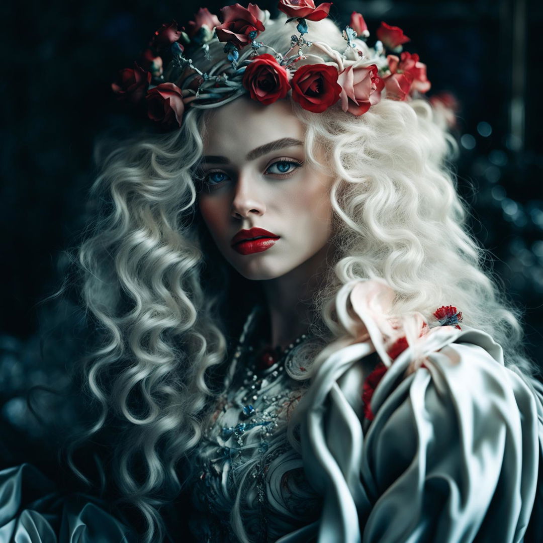 A youthful woman with white rococo hair, red lips, blue irises, and a crown of red roses with thorns, captured using Fujifilm GFX