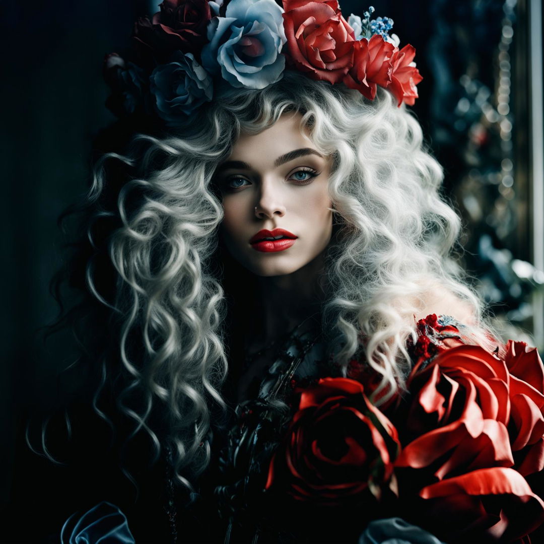 A youthful woman with grey rococo hair, red lips, blue irises, and a crown of red roses with thorns, captured using Fujifilm GFX