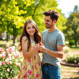 A charming scene featuring a girl with long brunette hair and striking blue eyes, playfully interacting with a cute man