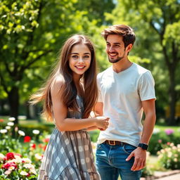 A charming scene featuring a girl with long brunette hair and striking blue eyes, playfully interacting with a cute man