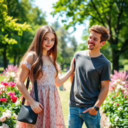 A charming scene featuring a girl with long brunette hair and striking blue eyes, playfully interacting with a cute man
