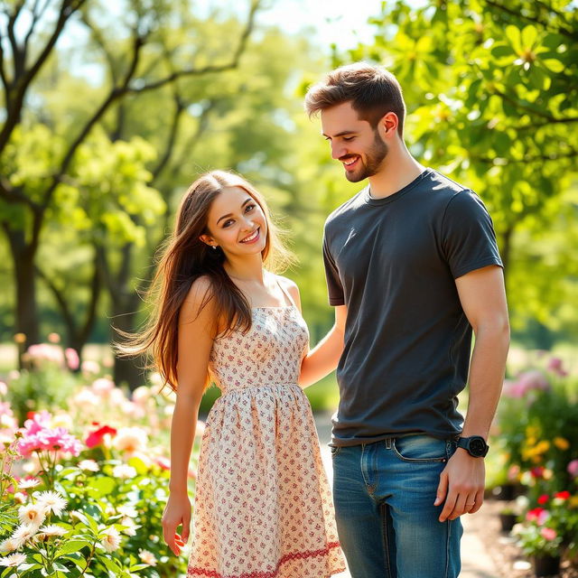 A charming scene featuring a girl with long brunette hair and striking blue eyes, playfully interacting with a cute man