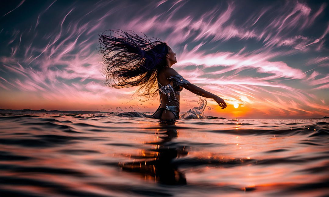 Wide-angle shot of a water-formed woman dancing on the ocean surface at sunset, captured with Panasonic Lumix S1R with Lumix S PRO 24mm