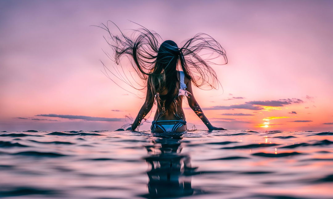 Woman standing on the ocean surface, her body and hair composed entirely of water, under a sunset