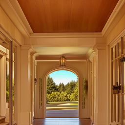 exquisite interior hallway leading out exterior of two-floor mansion