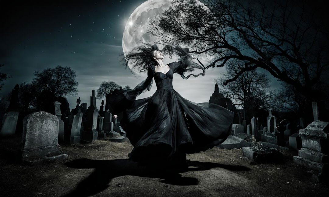 A young woman in a block-style gothic wedding dress dances joyfully in an ancient graveyard under the moonlight