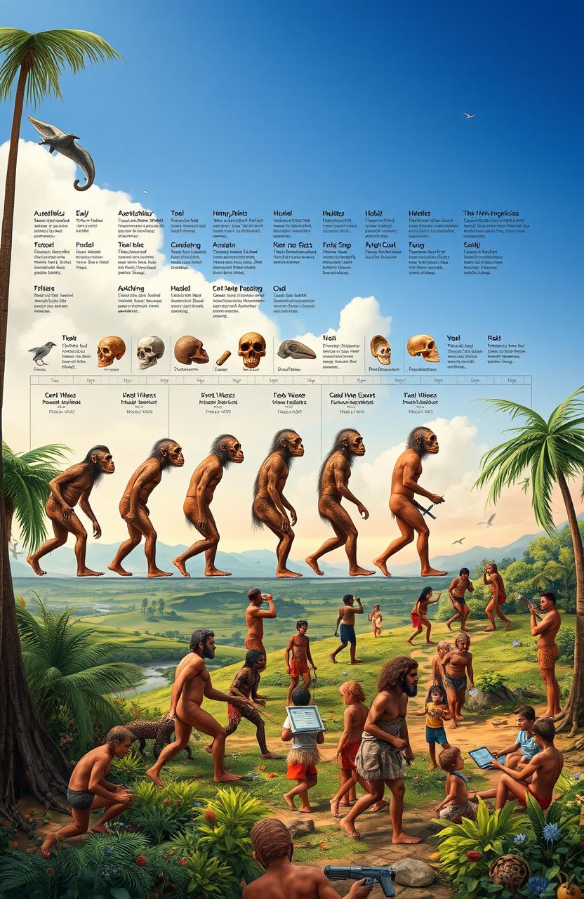 A detailed and visually captivating illustration depicting the evolution of humans from early primates to modern Homo sapiens