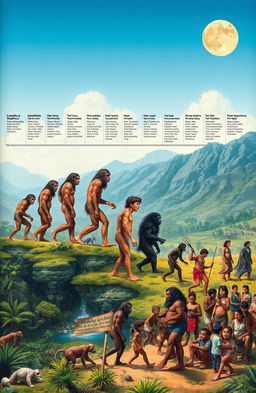 A detailed and visually captivating illustration depicting the evolution of humans from early primates to modern Homo sapiens