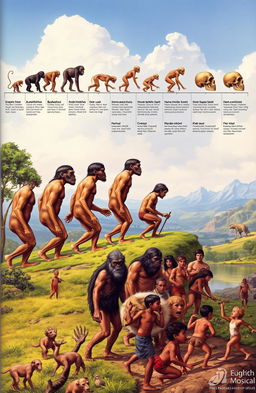 A detailed and visually captivating illustration depicting the evolution of humans from early primates to modern Homo sapiens
