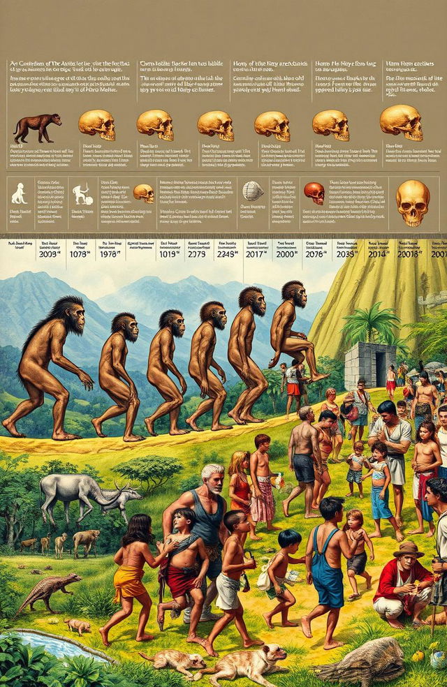 A detailed and visually captivating illustration depicting the evolution of humans from early primates to modern Homo sapiens