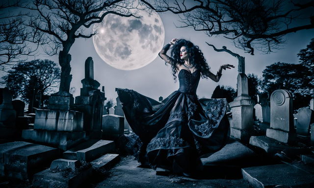 A beautiful young woman in a Rococo-style black wedding dress, with long wild black hair and red lips, dances ethereally in an ancient graveyard