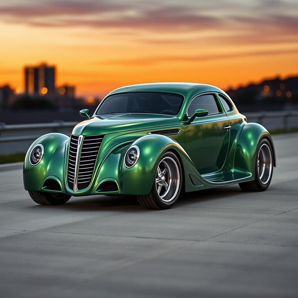 An exotic supercar fusion design combining a 1936 Chevrolet Coupe styled as a widebody with oversized, big rear truck tires that emphasize its muscular stance