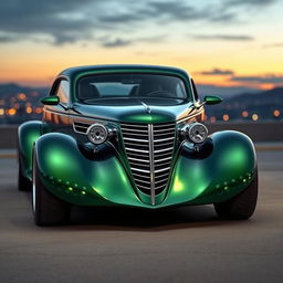 An exotic supercar fusion design combining a 1936 Chevrolet Coupe styled as a widebody with oversized, big rear truck tires that emphasize its muscular stance