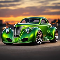 An exotic supercar fusion design combining a 1936 Chevrolet Coupe styled as a widebody with oversized, big rear truck tires that emphasize its muscular stance