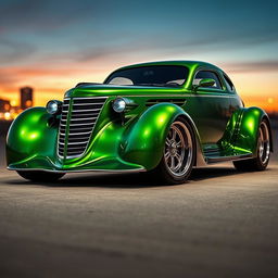 An exotic supercar fusion design combining a 1936 Chevrolet Coupe styled as a widebody with oversized, big rear truck tires that emphasize its muscular stance