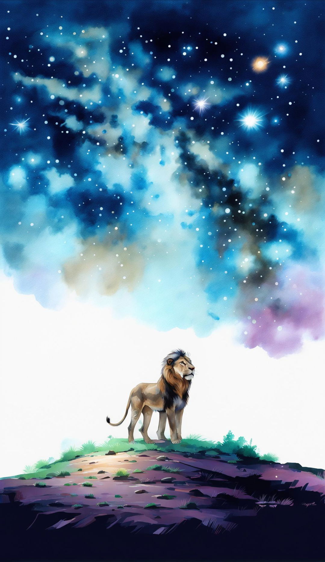 Watercolor painting of a majestic lion under a starry night sky on a savannah landscape.