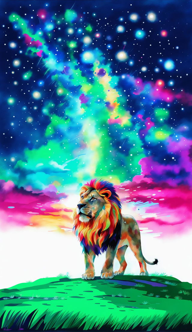 Bright and colorful watercolor painting of a majestic lion under a vibrant starry night sky on a lush savannah landscape.