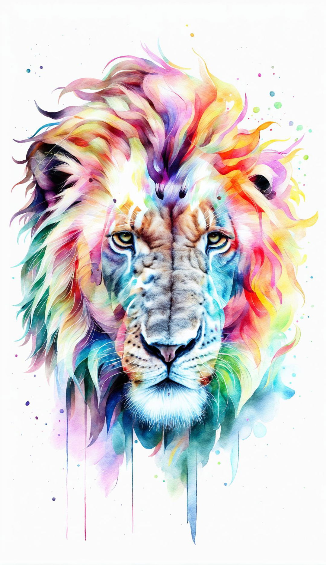 A watercolour portrait of a majestic lion in a pastel colour palette.